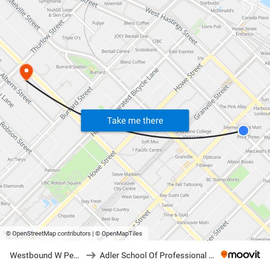 Westbound W Pender St @ Seymour St to Adler School Of Professional Psychology (Vancouver Campus) map