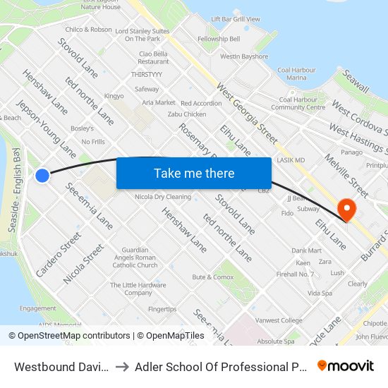 Westbound Davie St @ Denman St to Adler School Of Professional Psychology (Vancouver Campus) map