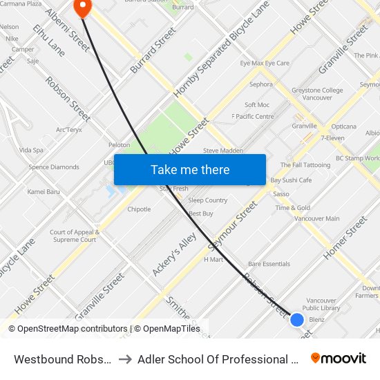 Westbound Robson St @ Hamilton St to Adler School Of Professional Psychology (Vancouver Campus) map