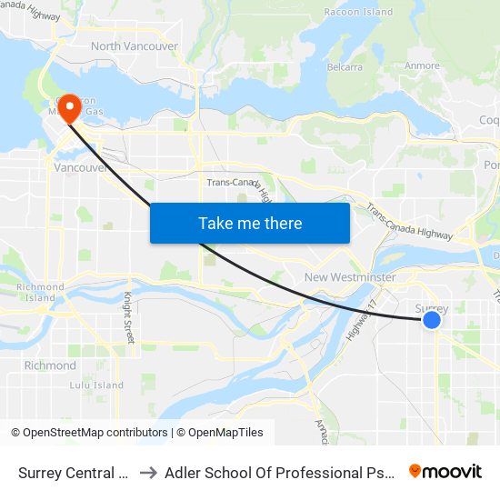 Surrey Central Station @ Bay 4 to Adler School Of Professional Psychology (Vancouver Campus) map