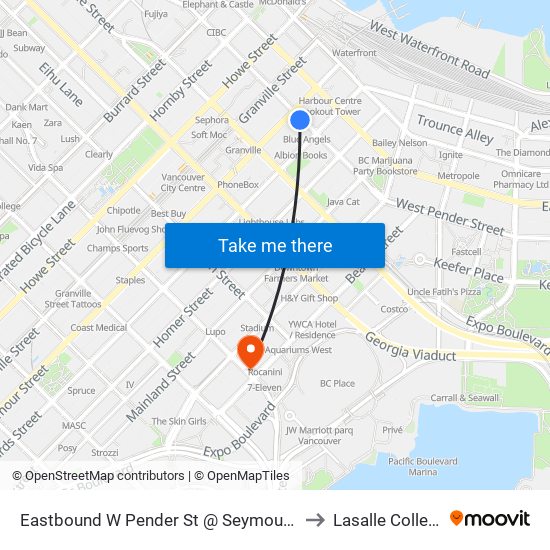 Eastbound W Pender St @ Seymour St to Lasalle College map