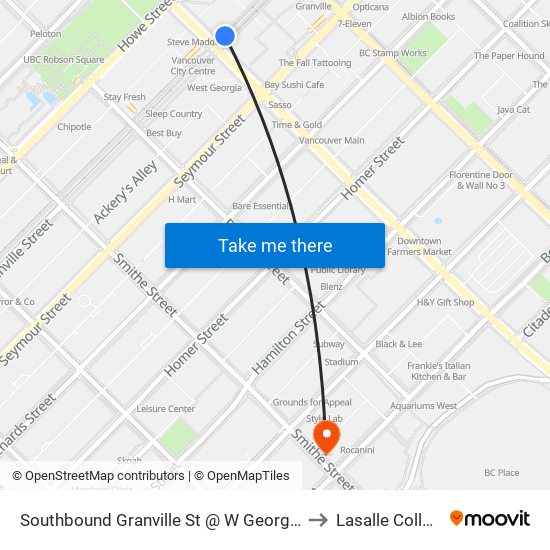 Southbound Granville St @ W Georgia St to Lasalle College map