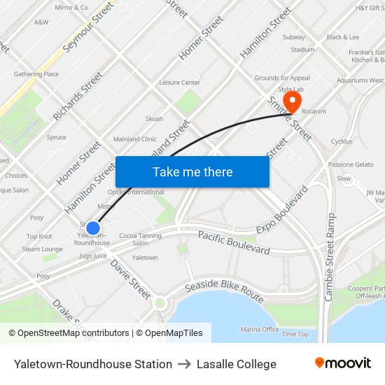 Yaletown-Roundhouse Station to Lasalle College map