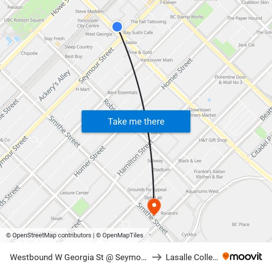 Westbound W Georgia St @ Seymour St to Lasalle College map