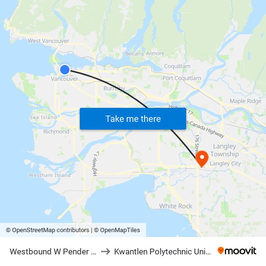 Westbound W Pender St @ Seymour St to Kwantlen Polytechnic University (Cloverdale) map