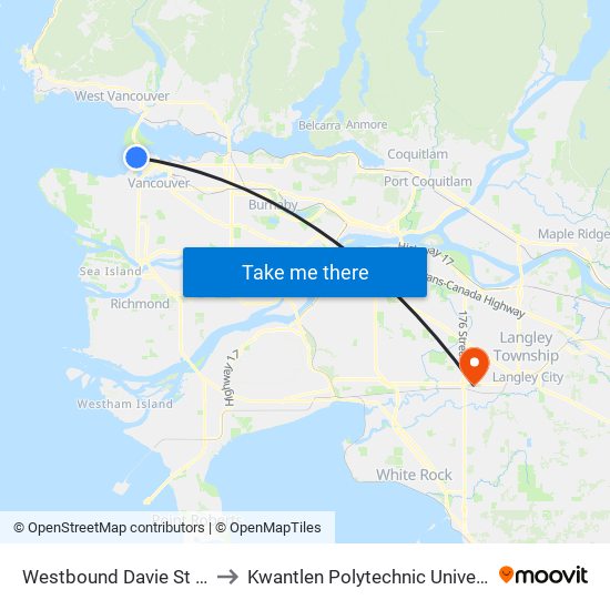 Westbound Davie St @ Denman St to Kwantlen Polytechnic University (Cloverdale) map