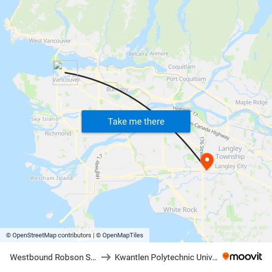 Westbound Robson St @ Hamilton St to Kwantlen Polytechnic University (Cloverdale) map