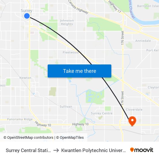 Surrey Central Station @ Bay 8 to Kwantlen Polytechnic University (Cloverdale) map