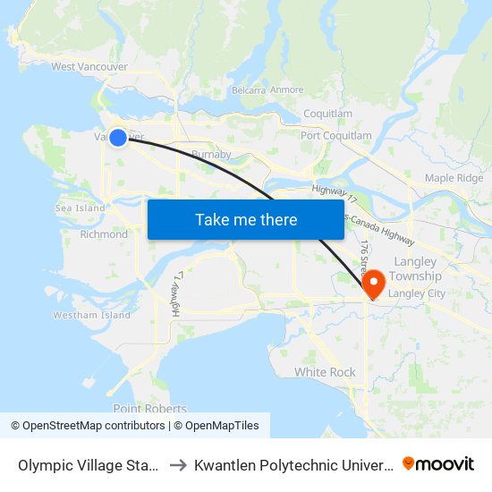 Olympic Village Station @ Bay 1 to Kwantlen Polytechnic University (Cloverdale) map