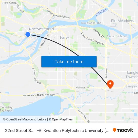 22nd Street Station to Kwantlen Polytechnic University (Cloverdale) map