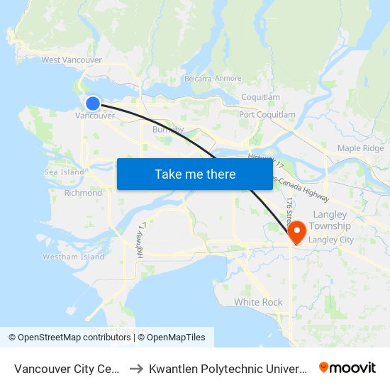 Vancouver City Centre Station to Kwantlen Polytechnic University (Cloverdale) map