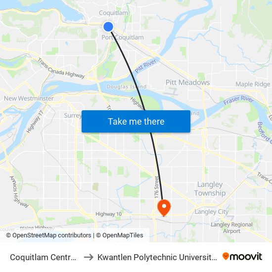 Coquitlam Central Station to Kwantlen Polytechnic University (Cloverdale) map