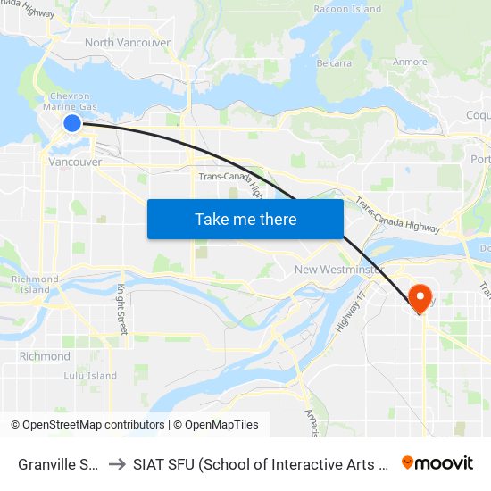 Granville Station to SIAT SFU (School of Interactive Arts & Technology) map