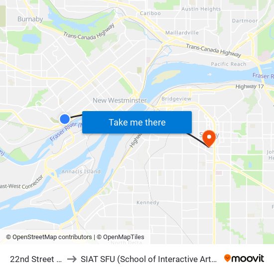 22nd Street Station to SIAT SFU (School of Interactive Arts & Technology) map