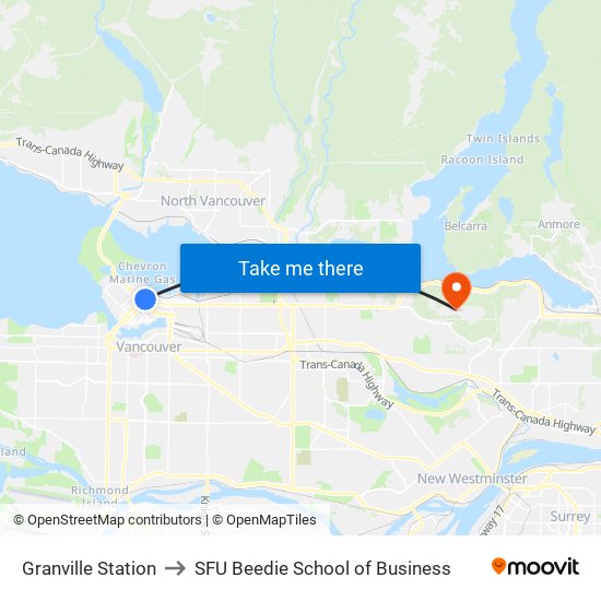 Granville Station to SFU Beedie School of Business map