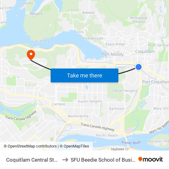 Coquitlam Central Station to SFU Beedie School of Business map