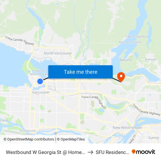 Westbound W Georgia St @ Homer St to SFU Residences map
