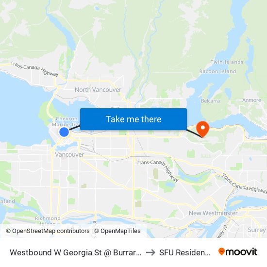 Westbound W Georgia St @ Burrard St to SFU Residences map