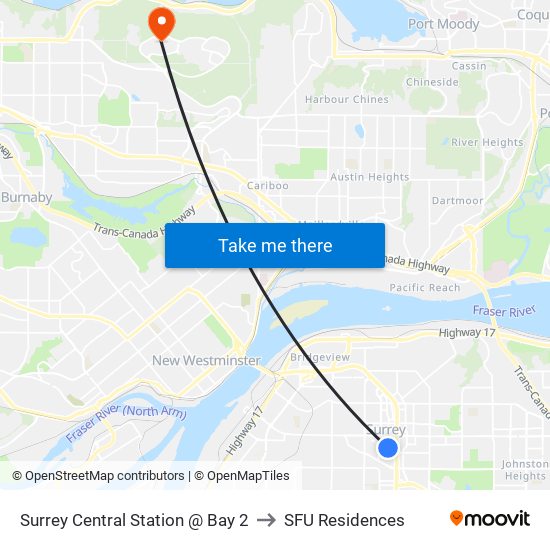 Surrey Central Station @ Bay 2 to SFU Residences map