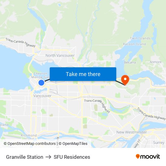 Granville Station to SFU Residences map