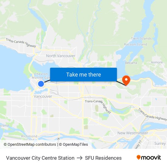 Vancouver City Centre Station to SFU Residences map