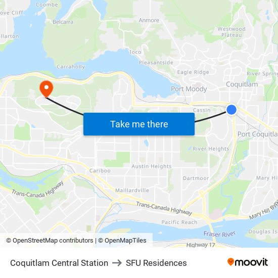 Coquitlam Central Station to SFU Residences map