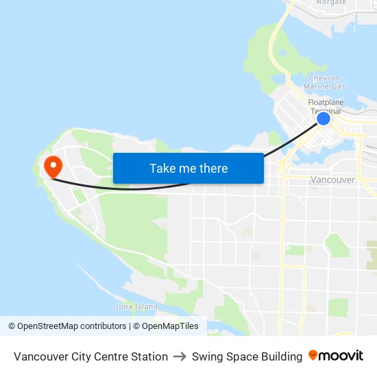 Vancouver City Centre Station to Swing Space Building map