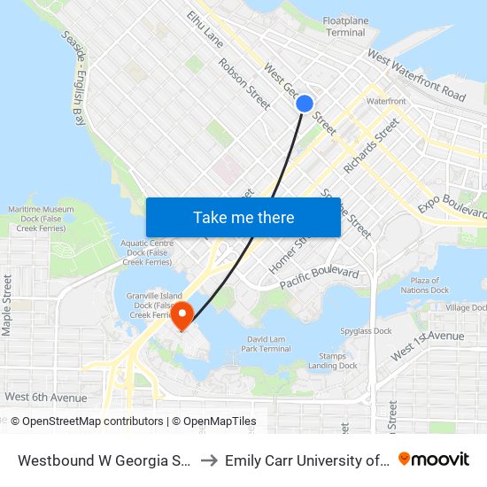 Westbound W Georgia St @ Burrard St to Emily Carr University of Art & Design map
