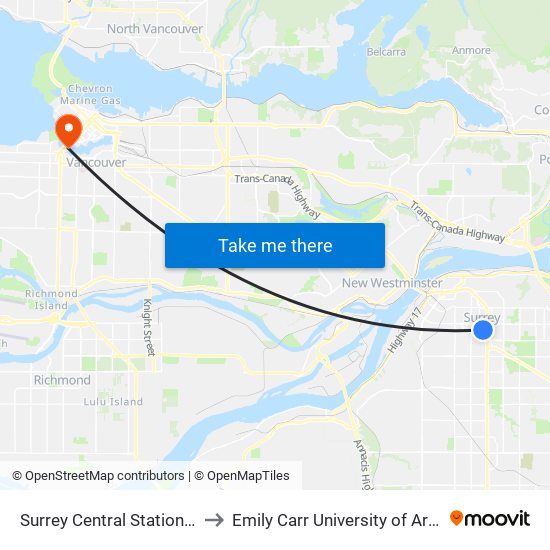 Surrey Central Station @ Bay 2 to Emily Carr University of Art & Design map