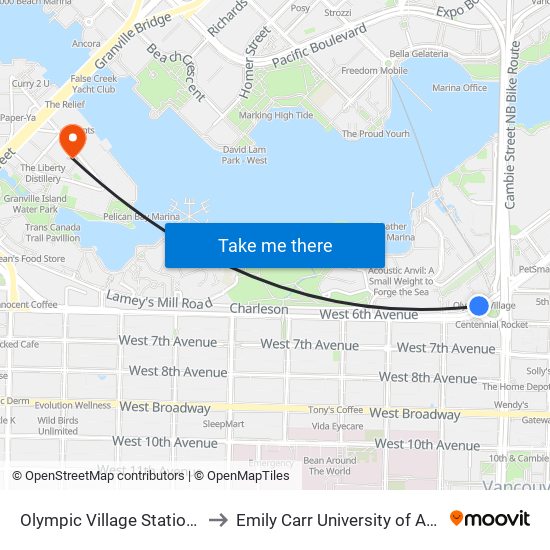 Olympic Village Station @ Bay 1 to Emily Carr University of Art & Design map