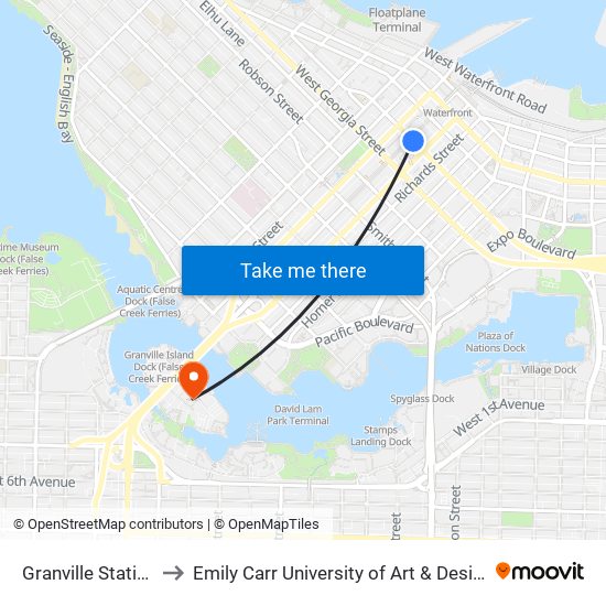 Granville Station to Emily Carr University of Art & Design map
