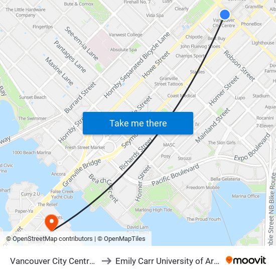 Vancouver City Centre Station to Emily Carr University of Art & Design map