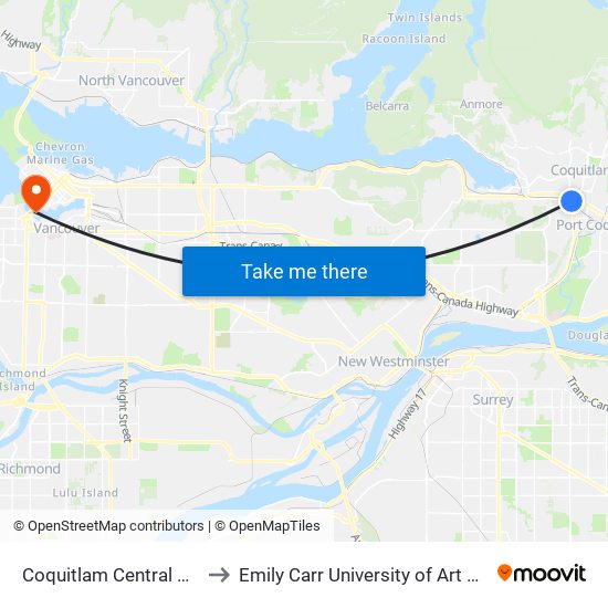 Coquitlam Central Station to Emily Carr University of Art & Design map