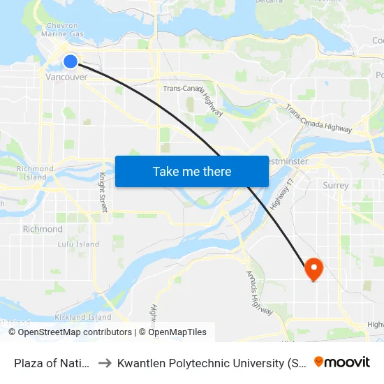Plaza of Nations to Kwantlen Polytechnic University (Surrey) map