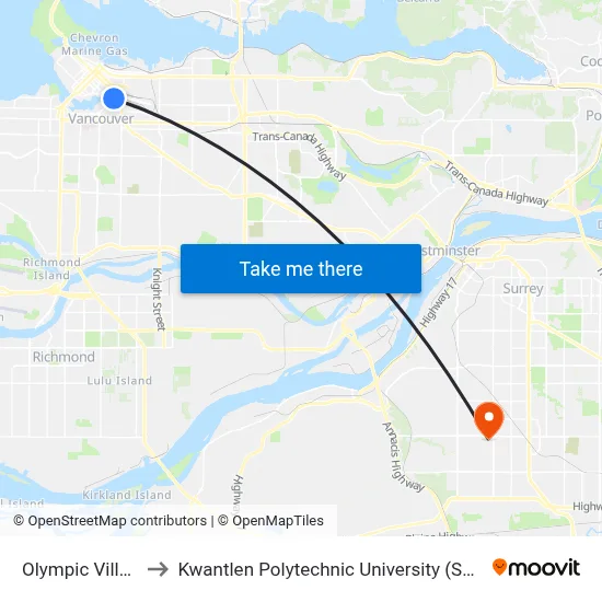 Olympic Village to Kwantlen Polytechnic University (Surrey) map