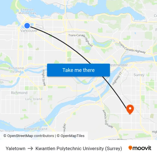 Yaletown to Kwantlen Polytechnic University (Surrey) map