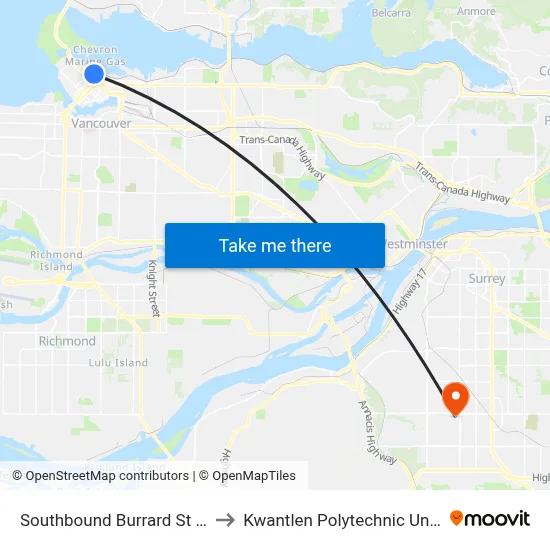 Southbound Burrard St @ W Pender St to Kwantlen Polytechnic University (Surrey) map