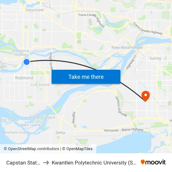 Capstan Station to Kwantlen Polytechnic University (Surrey) map