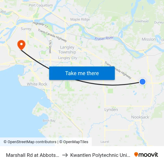 Marshall Rd at Abbotsford Hospital to Kwantlen Polytechnic University (Surrey) map