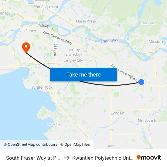 South Fraser Way at Peardonville Rd to Kwantlen Polytechnic University (Surrey) map