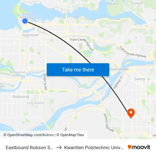Eastbound Robson St @ Bute St to Kwantlen Polytechnic University (Surrey) map