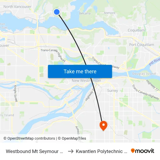 Westbound Mt Seymour Parkway @ Apex Ave to Kwantlen Polytechnic University (Surrey) map