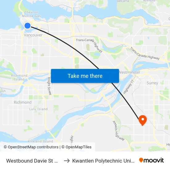 Westbound Davie St @ Granville St to Kwantlen Polytechnic University (Surrey) map