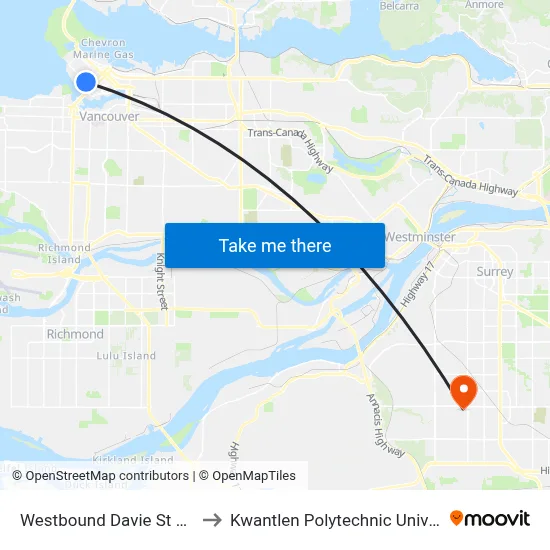 Westbound Davie St @ Burrard St to Kwantlen Polytechnic University (Surrey) map