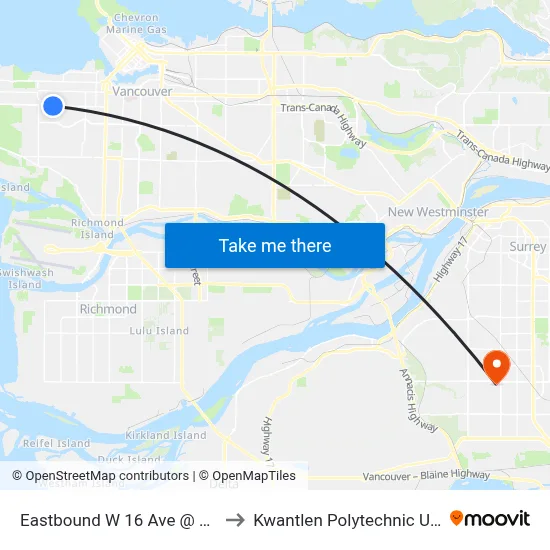 Eastbound W 16 Ave @ Musqueamview St to Kwantlen Polytechnic University (Surrey) map