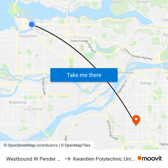 Westbound W Pender St @ Carrall St to Kwantlen Polytechnic University (Surrey) map