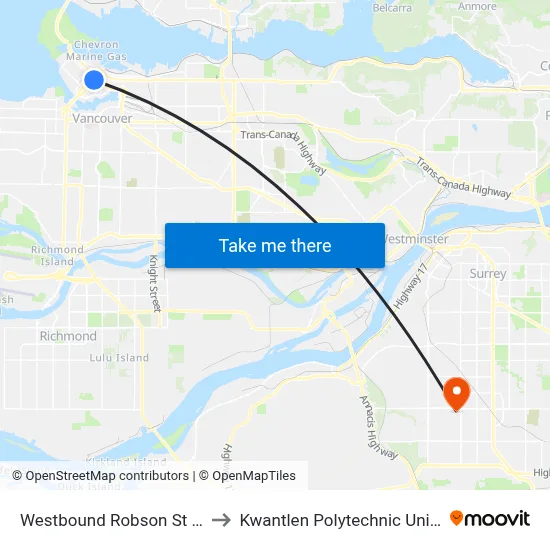 Westbound Robson St @ Granville St to Kwantlen Polytechnic University (Surrey) map
