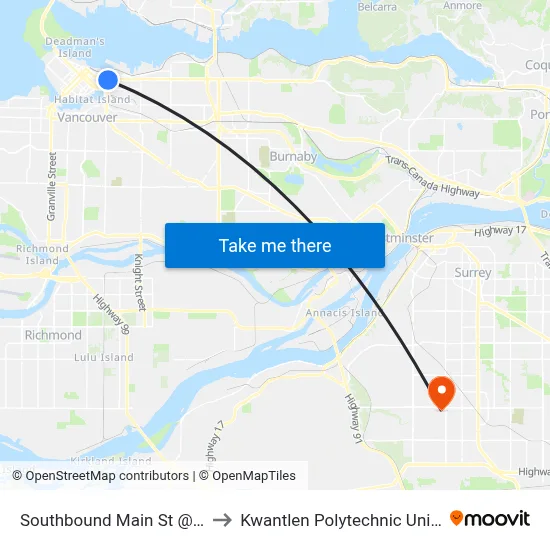 Southbound Main St @ E Hastings St to Kwantlen Polytechnic University (Surrey) map