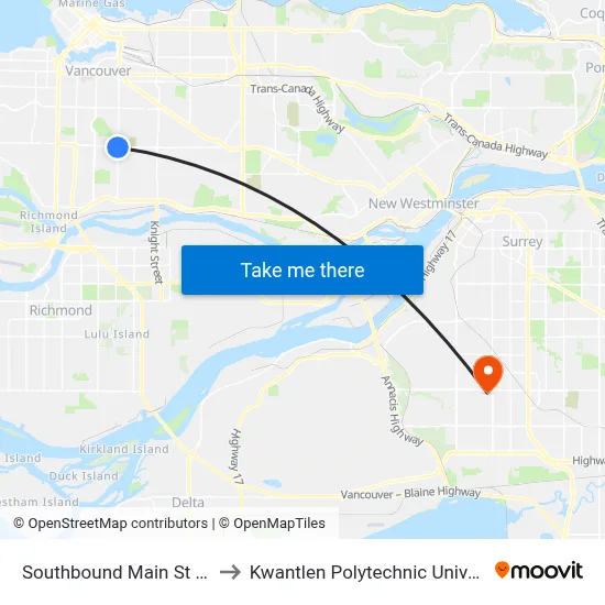 Southbound Main St @ E 41 Ave to Kwantlen Polytechnic University (Surrey) map