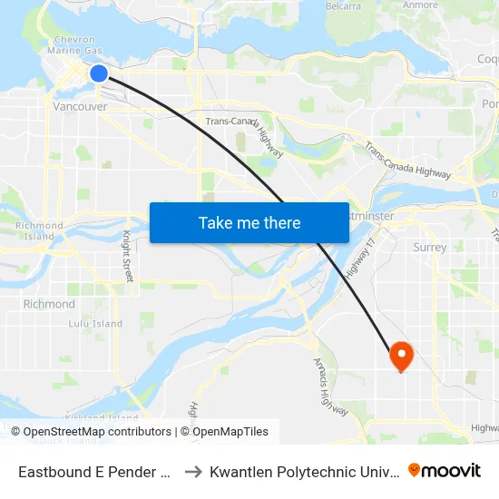 Eastbound E Pender St @ Main St to Kwantlen Polytechnic University (Surrey) map